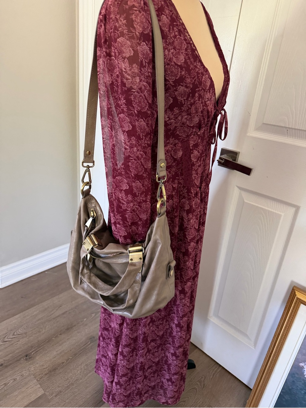 HOBO Taupe Brown Leather Shoulder Bag with Brass Hardware